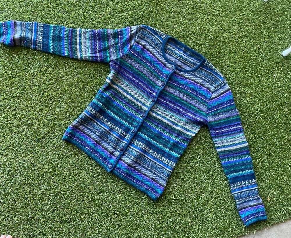 Qinti Peru Baby Alpaca Nordic Pattern Cardigan Blue